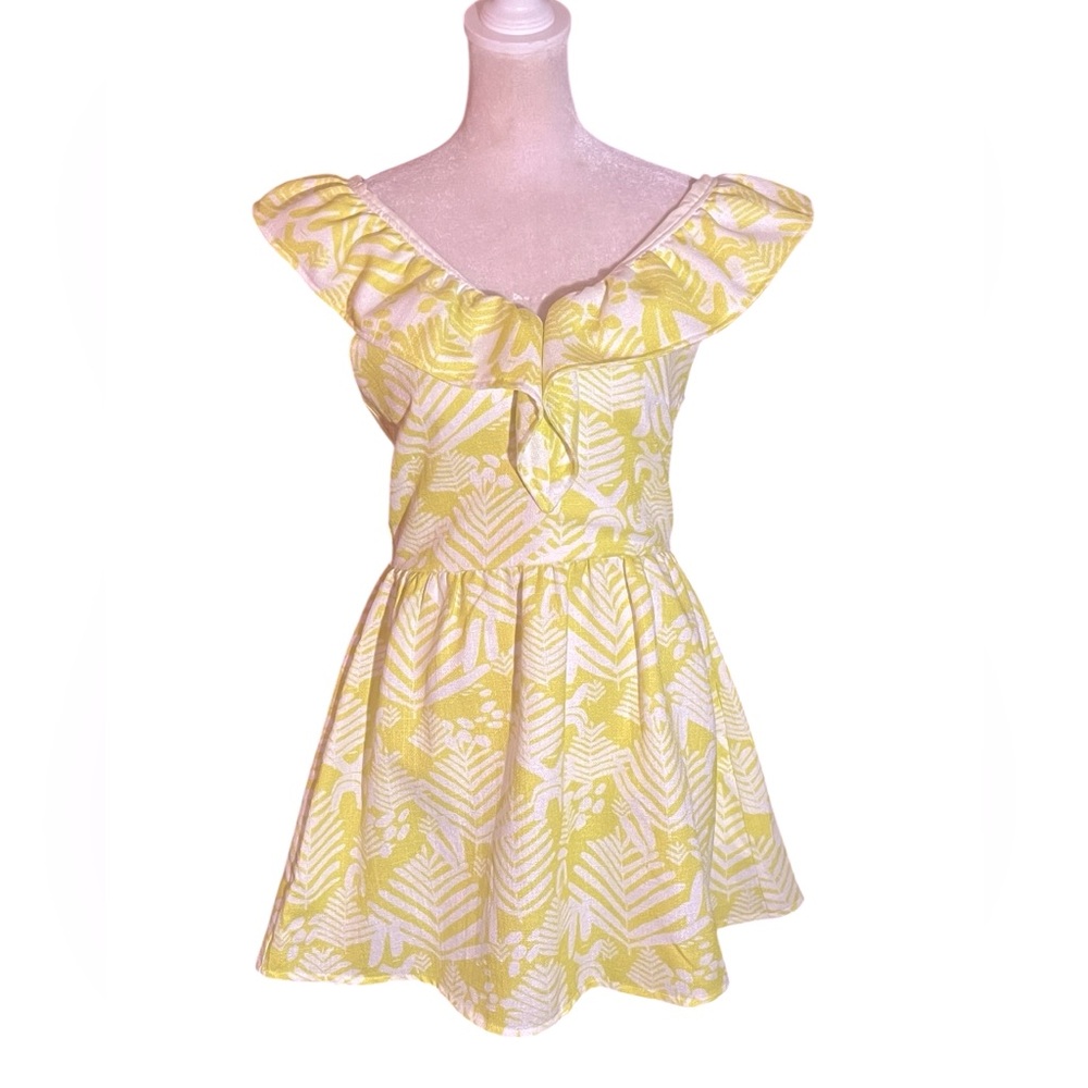 CK BRADLEY COTTON LINEN BLEND CHARTREUSE & WHITE PALM FROND MINI RUFFLE DRESS XS